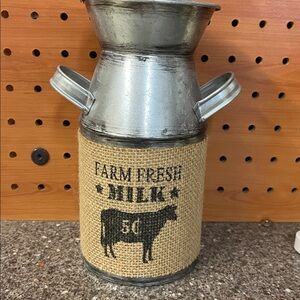 Farm Fresh Milk Metal Canister with Burlap Wrap
